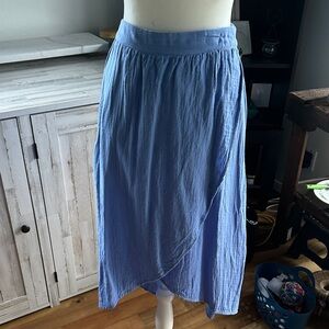 Pact Women's Coastal Double Gauze Faux Wrap Midi Skirt Organic Cotton Blue Sz M